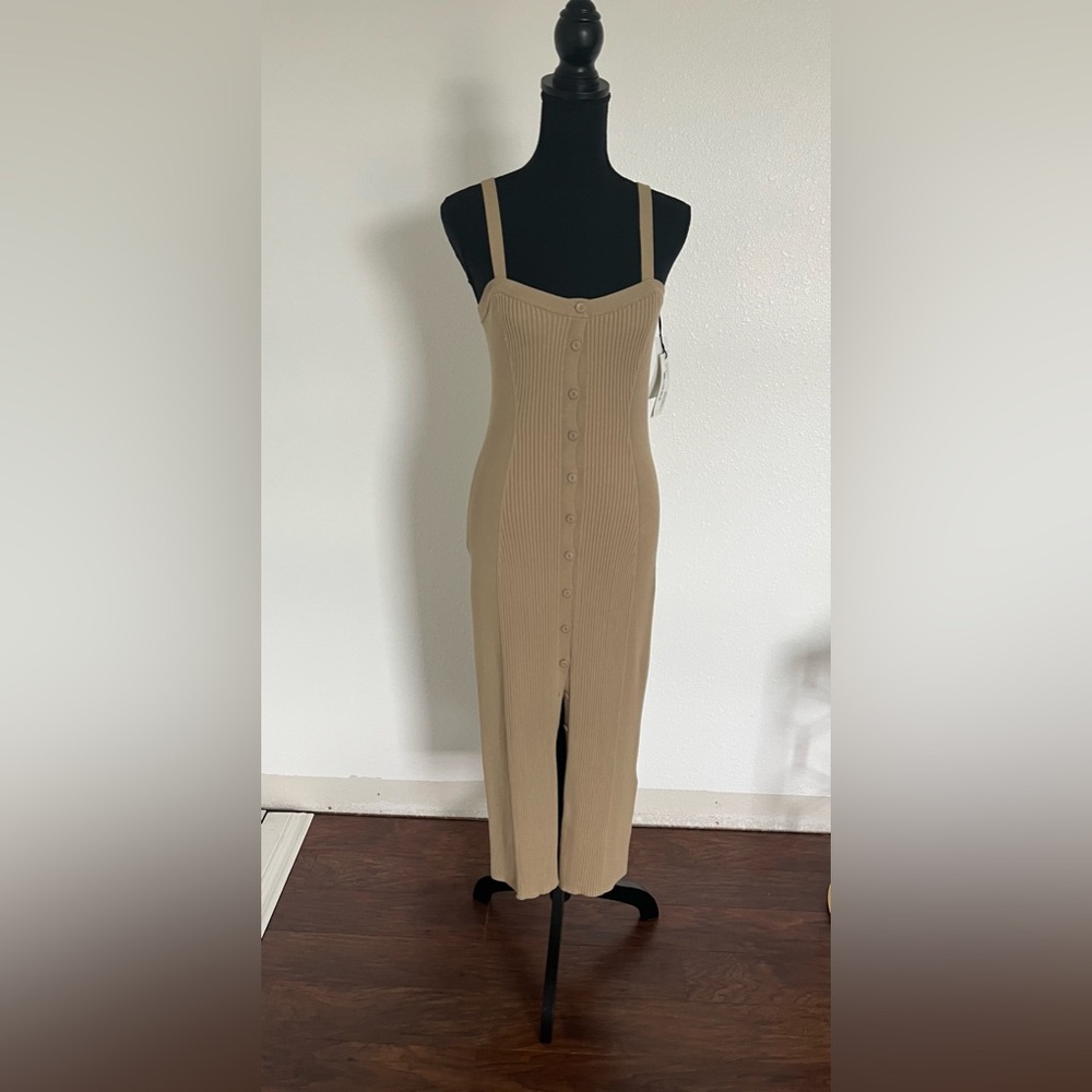 ba&sh Tan Asymmetrical Ribbed Sheath Dress